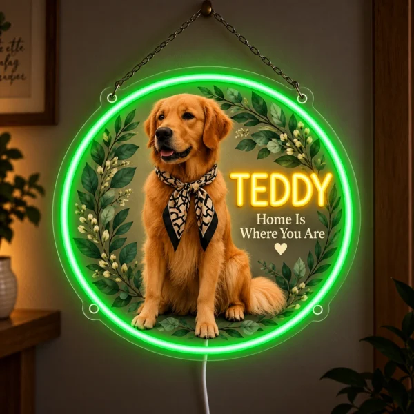Teddy Botanical Custom Golden Retriever LED Neon Sign – Personalized Pet Photo Wall Art — dark illuminated main image Teddy Botanical Custom Golden Retriever LED Neon Sign – Personalized Pet Photo Wall Art with raised silicone LED accents and colored glow