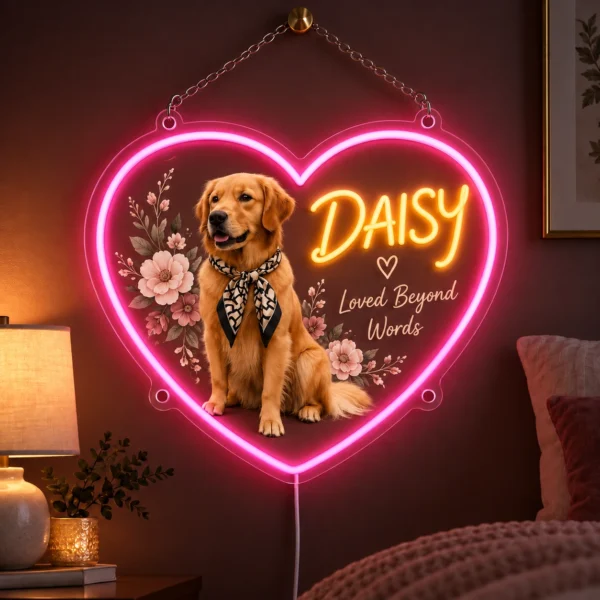 Daisy Floral Heart Custom Golden Retriever LED Neon Sign – Personalized Pet Photo Wall Art — dark illuminated main image Daisy Floral Heart Custom Golden Retriever LED Neon Sign – Personalized Pet Photo Wall Art with raised silicone LED accents and colored glow