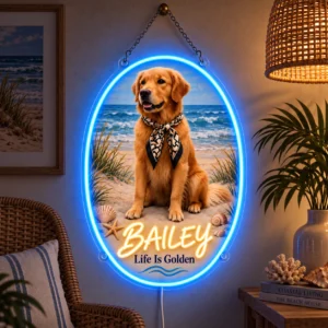 Bailey Coastal Custom Golden Retriever LED Neon Sign – Personalized Pet Photo Wall Art — dark illuminated main image Bailey Coastal Custom Golden Retriever LED Neon Sign – Personalized Pet Photo Wall Art with raised silicone LED accents and colored glow
