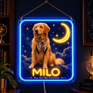 Milo Celestial Custom Golden Retriever LED Neon Sign – Personalized Pet Photo Wall Art — dark illuminated main image Milo Celestial Custom Golden Retriever LED Neon Sign – Personalized Pet Photo Wall Art with raised silicone LED accents and colored glow