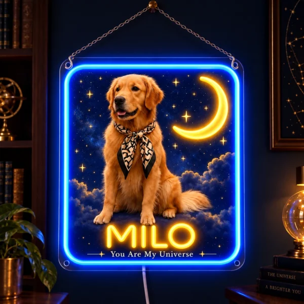 Milo Celestial Custom Golden Retriever LED Neon Sign – Personalized Pet Photo Wall Art — dark illuminated main image Milo Celestial Custom Golden Retriever LED Neon Sign – Personalized Pet Photo Wall Art with raised silicone LED accents and colored glow