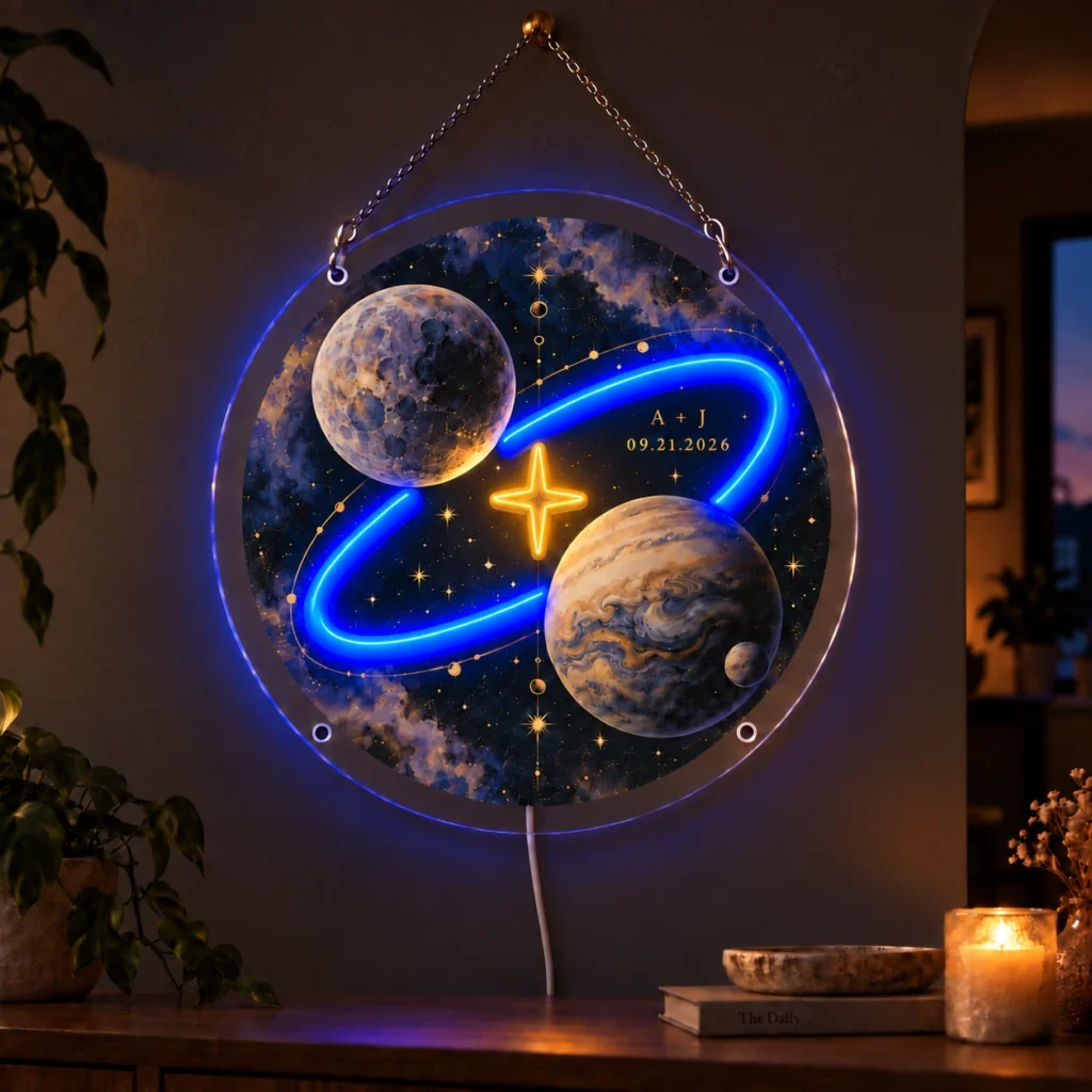 Orbit of Us — Custom Neon Wall Art with raised silicone LED accents and colored glow