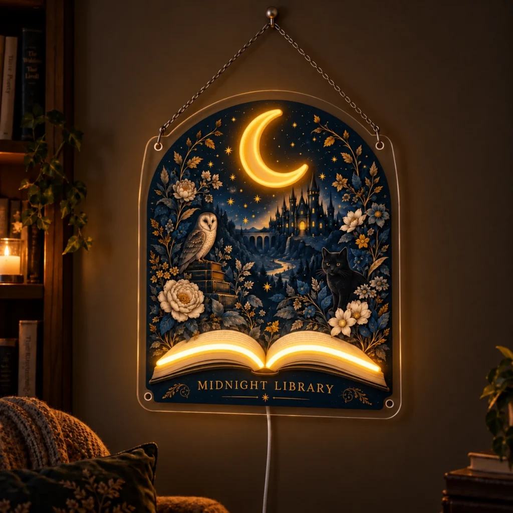 Midnight Library — Custom Neon Wall Art with raised silicone LED accents and colored glow