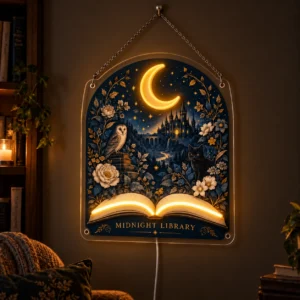 Midnight Library — Custom Neon Wall Art — dark illuminated main image Midnight Library — Custom Neon Wall Art with raised silicone LED accents and colored glow