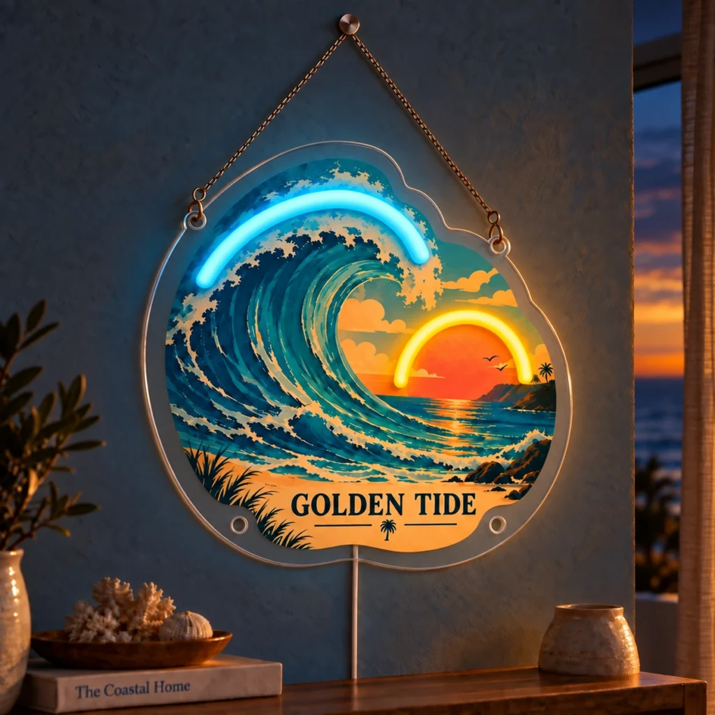 Golden Tide — Custom Neon Wall Art with raised silicone LED accents and colored glow