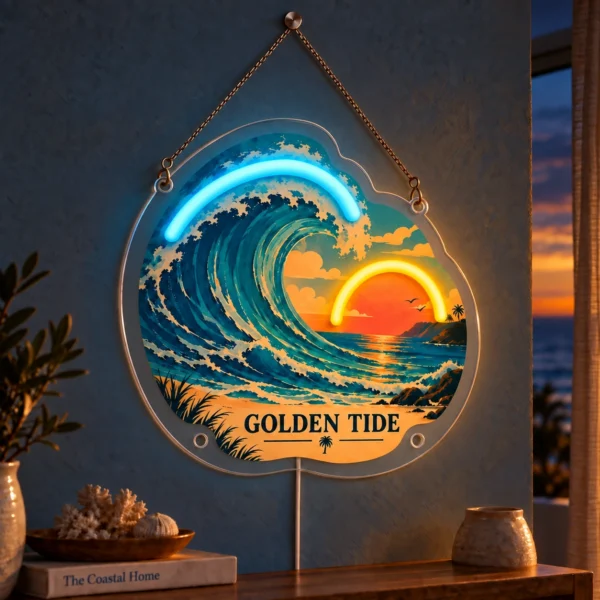 Golden Tide — Custom Neon Wall Art — dark illuminated main image Golden Tide — Custom Neon Wall Art with raised silicone LED accents and colored glow