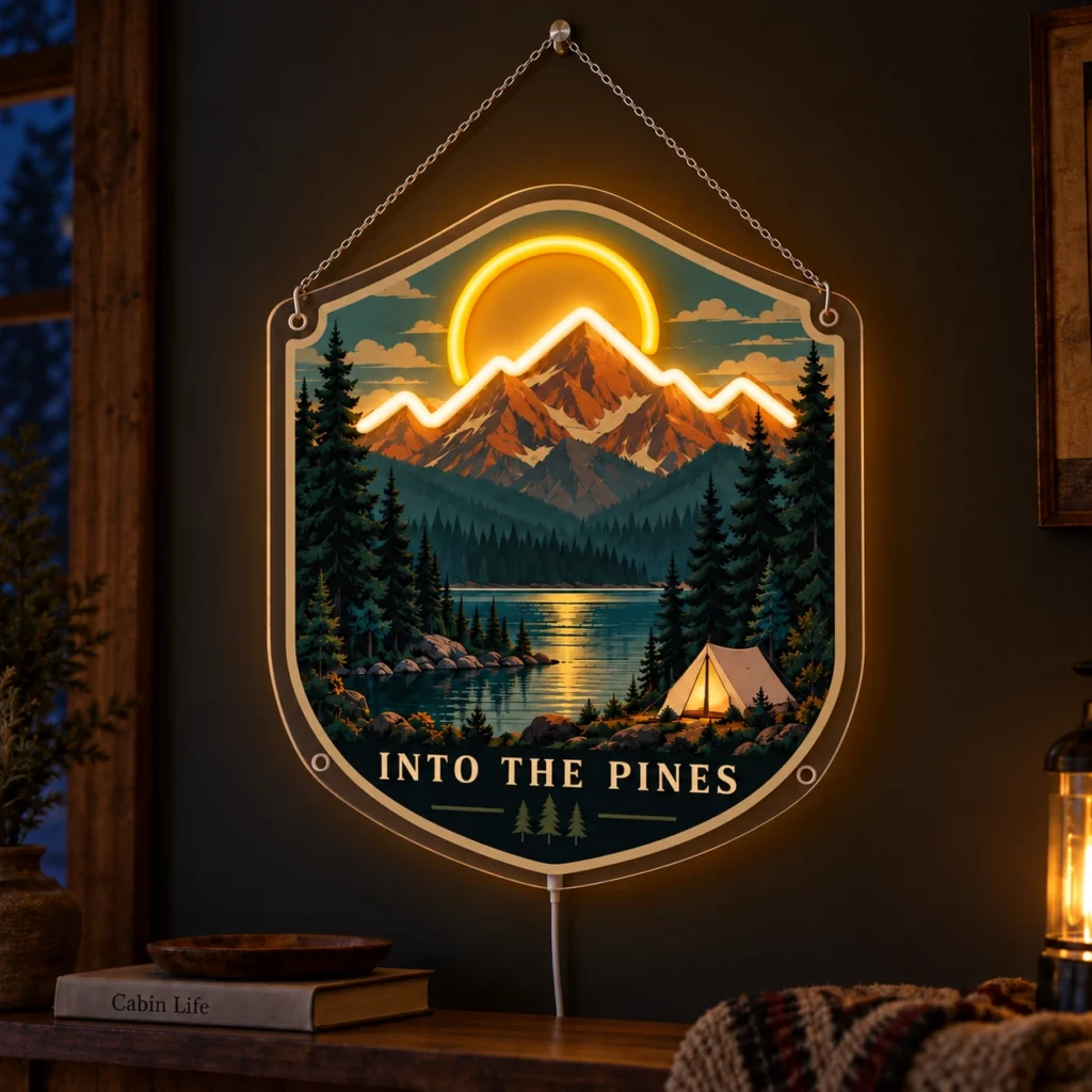 Into the Pines — Custom Neon Wall Art with raised silicone LED accents and colored glow