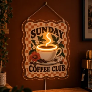 Sunday Coffee Club — Custom Neon Wall Art — dark illuminated main image Sunday Coffee Club — Custom Neon Wall Art with raised silicone LED accents and colored glow