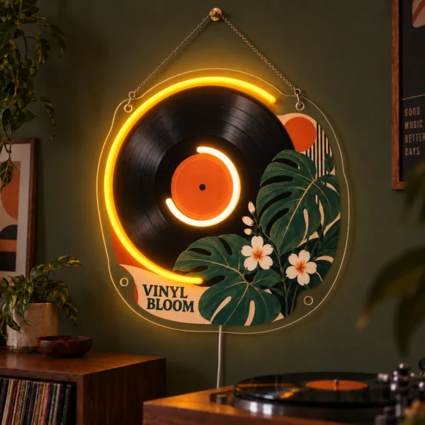 Vinyl Bloom — Custom Neon Wall Art — dark illuminated main image Vinyl Bloom — Custom Neon Wall Art with raised silicone LED accents and colored glow