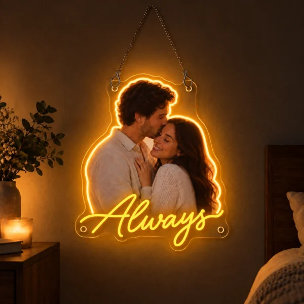 Custom Couple Photo LED Neon Sign – Personalized Romantic Wall Art with raised silicone LED accents and colored glow