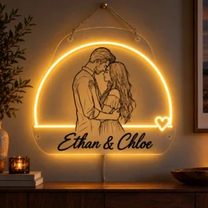 Custom Couple Line Art LED Neon Sign – Personalized Names & Romantic Wall Art — dark illuminated main image Custom Couple Line Art LED Neon Sign – Personalized Names & Romantic Wall Art with raised silicone LED accents and colored glow