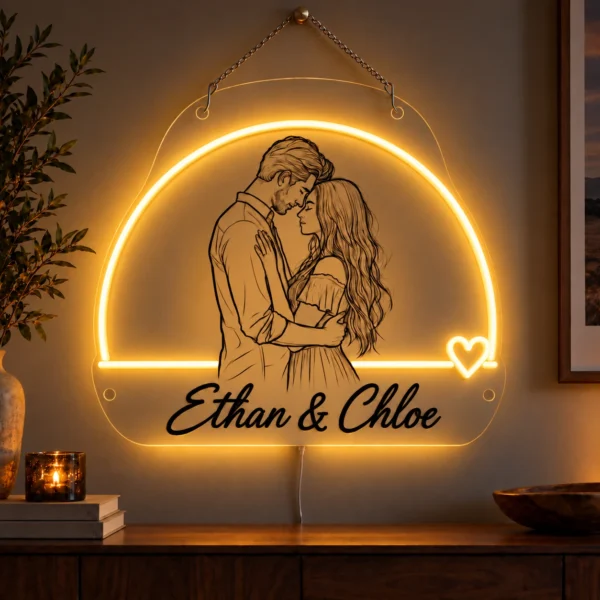 Custom Couple Line Art LED Neon Sign – Personalized Names & Romantic Wall Art with raised silicone LED accents and colored glow
