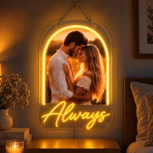 Custom Couple Photo LED Neon Sign – Personalized ‘Always’ Romantic Wall Art — dark illuminated main image Custom Couple Photo LED Neon Sign – Personalized ‘Always’ Romantic Wall Art with raised silicone LED accents and colored glow