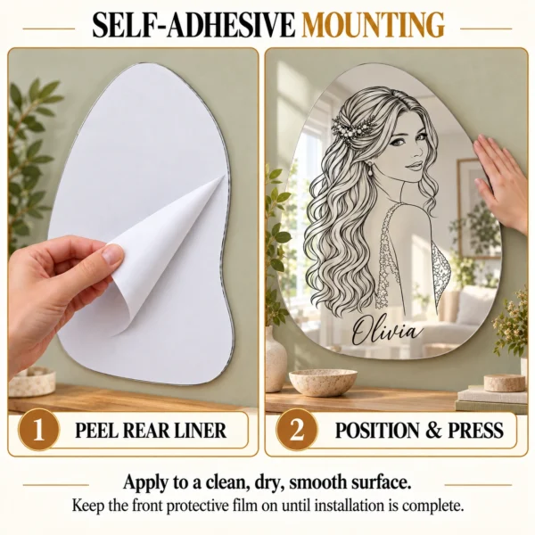 olivia-04-mounting Olivia Custom Portrait Mirror – Personalized Organic Shape & Name