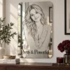 Pretty & Powerful personalized rounded-rectangle portrait acrylic mirror with black line art and bold lettering.