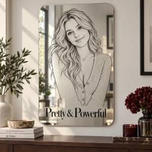 pretty-powerful-rounded-rectangle-01-main Pretty & Powerful personalized rounded-rectangle portrait acrylic mirror with black line art and bold lettering.