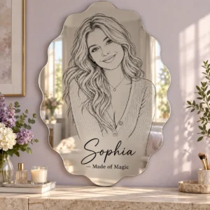 sophia-magic-scalloped-01-main Sophia Made of Magic personalized scalloped-oval portrait acrylic mirror with black line art in a lilac and ivory vanity setting.