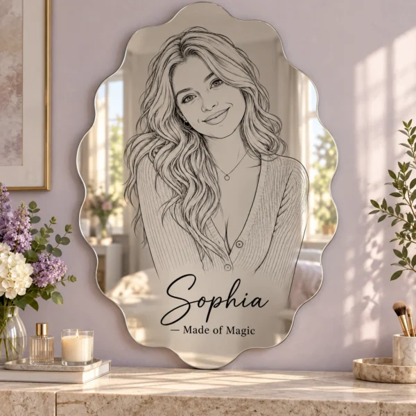 sophia-magic-scalloped-01-main Sophia Made of Magic personalized scalloped-oval portrait acrylic mirror with black line art in a lilac and ivory vanity setting.